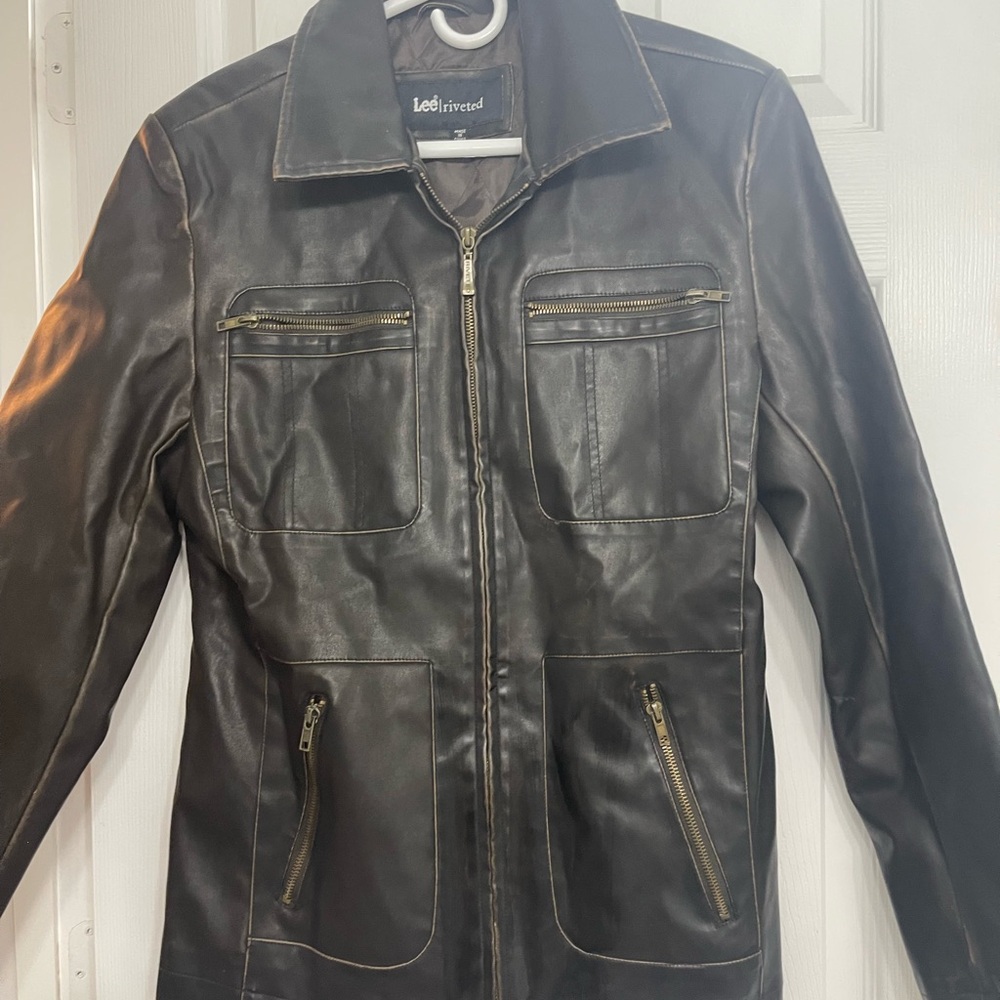 Lee Riveted Jacket Mens Medium Brown Lightweight Vintage Faux Leather Biker